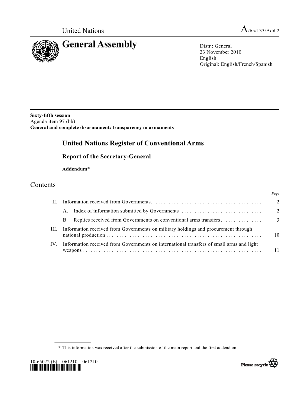 General Assembly Distr.: General 23 November 2010 English Original: English/French/Spanish