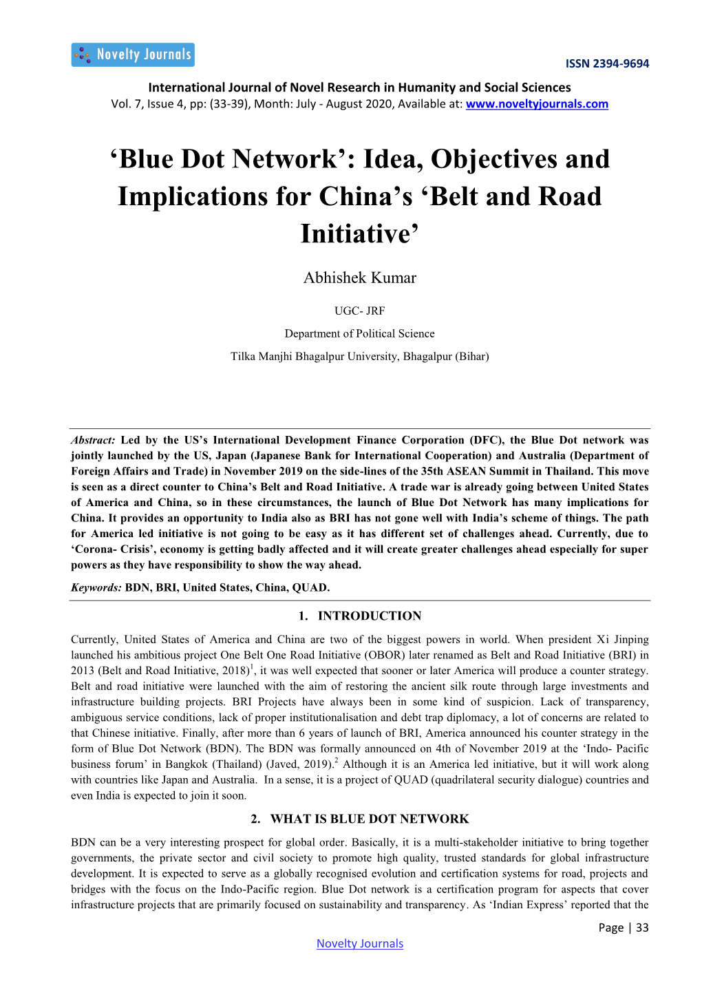 'Blue Dot Network': Idea, Objectives and Implications for China's 'Belt and Road Initiative'