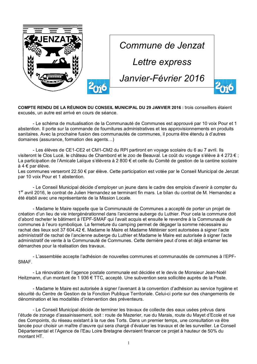Commune De Jenzat Lettre Express Janvier-Février 2016