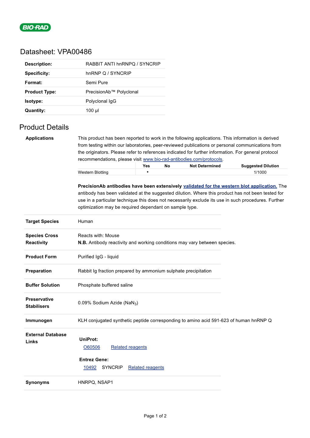 Datasheet: VPA00486 Product Details