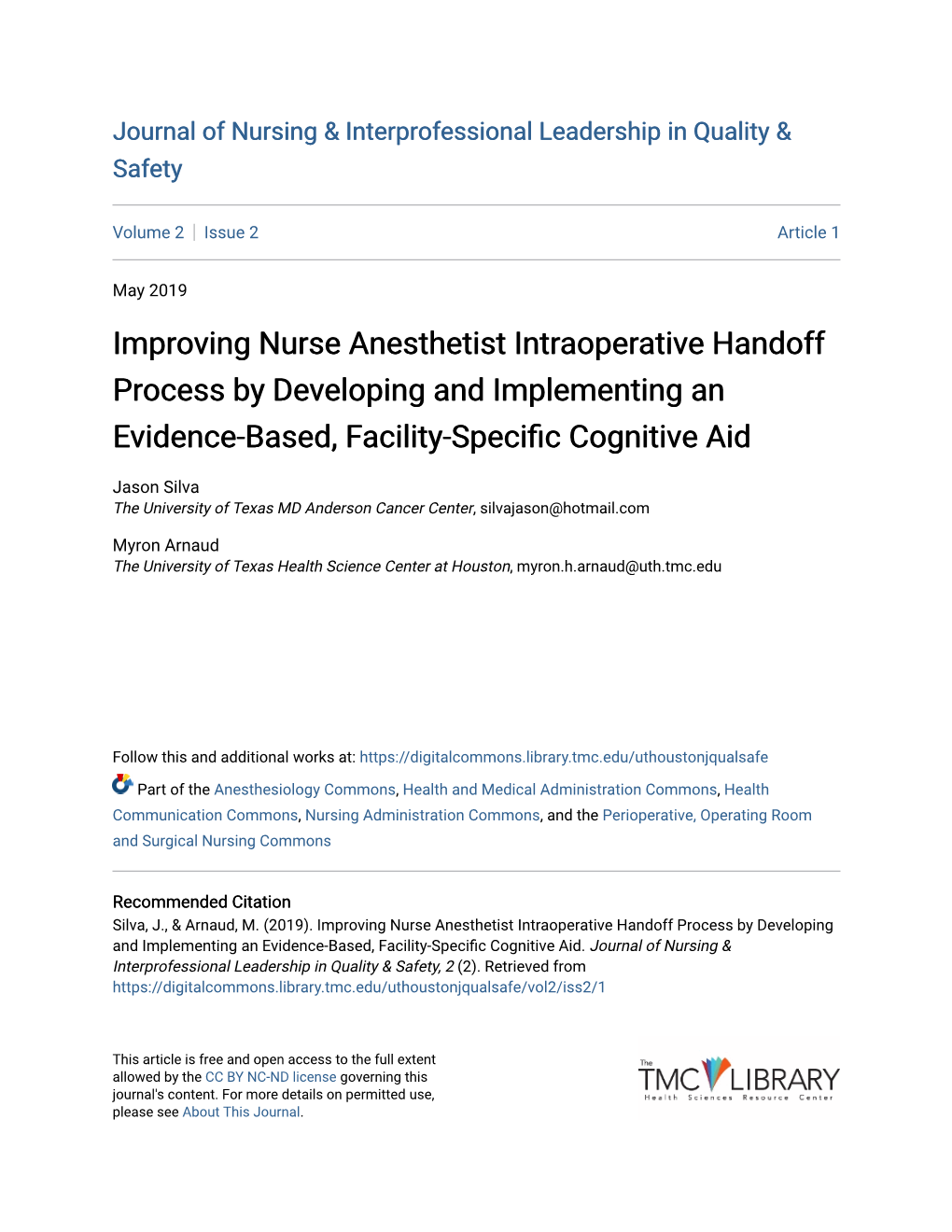 Improving Nurse Anesthetist Intraoperative Handoff Process by Developing and Implementing an Evidence-Based, Facility-Specific Cognitive Aid