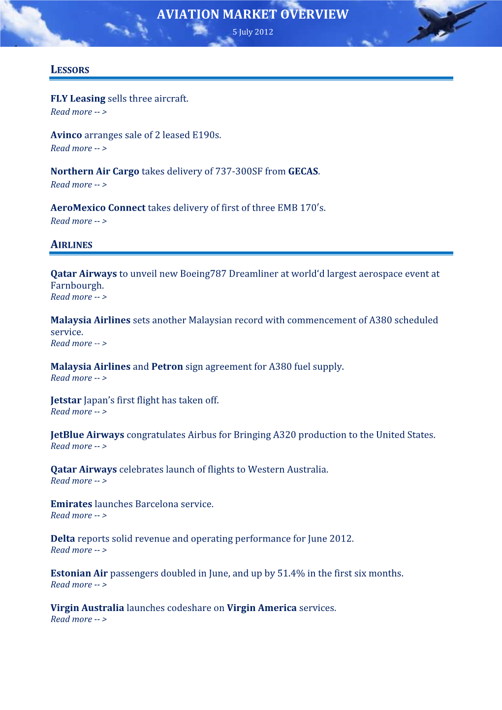 AVIATION MARKET OVERVIEW 5 July 2012