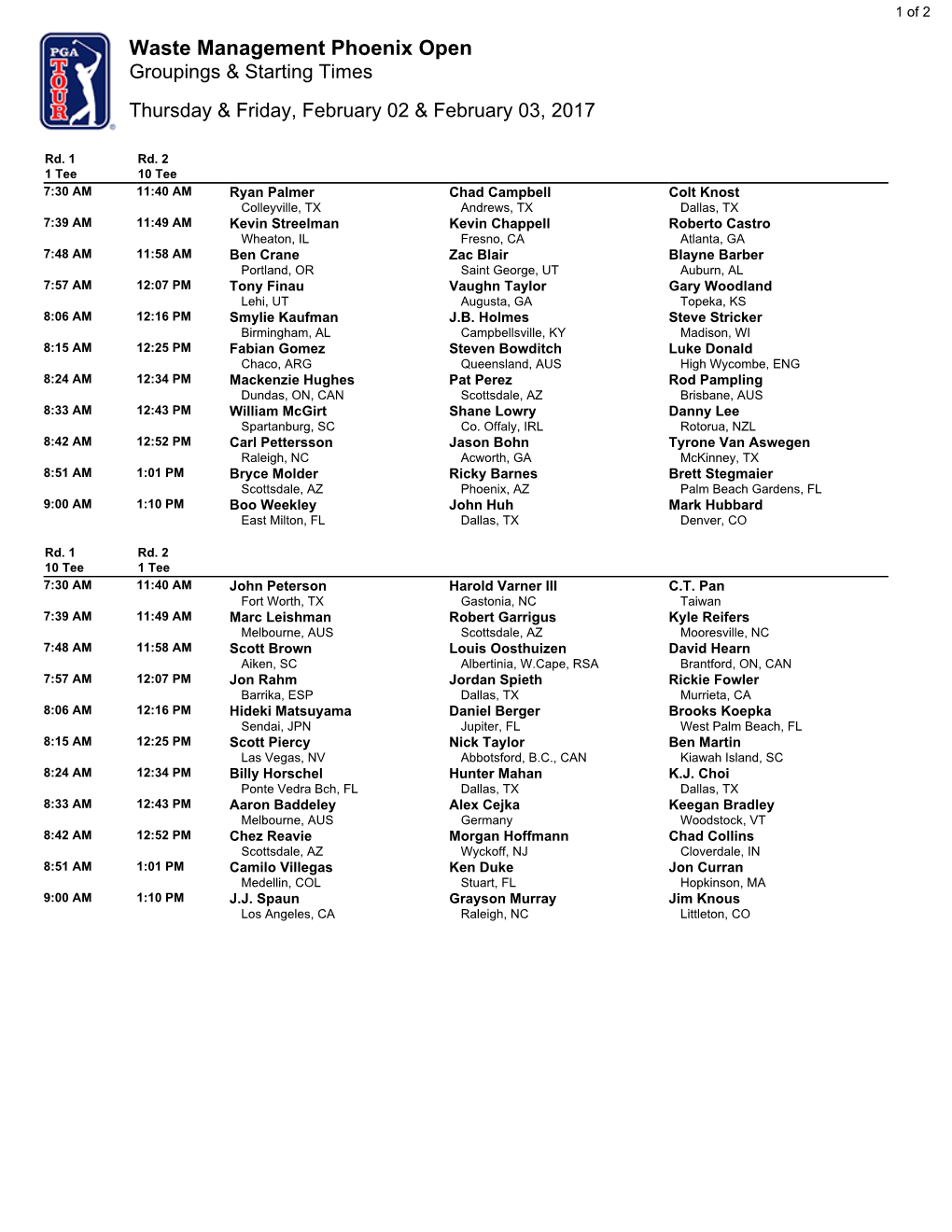 Waste Management Phoenix Open Groupings & Starting Times Thursday & Friday, February 02 & February 03, 2017