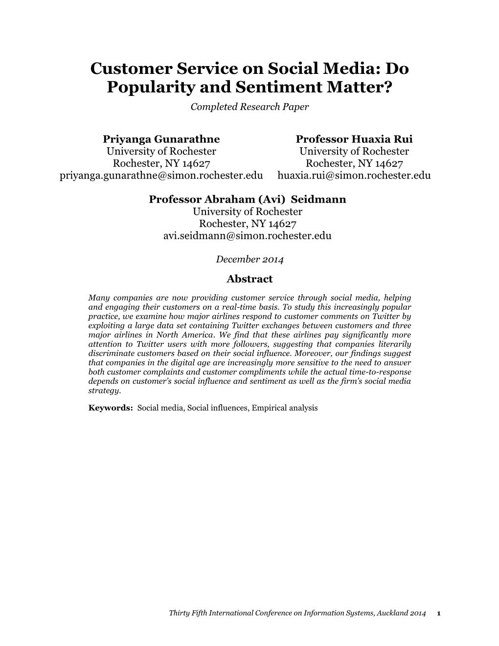Customer Service on Social Media: Do Popularity and Sentiment Matter? Completed Research Paper