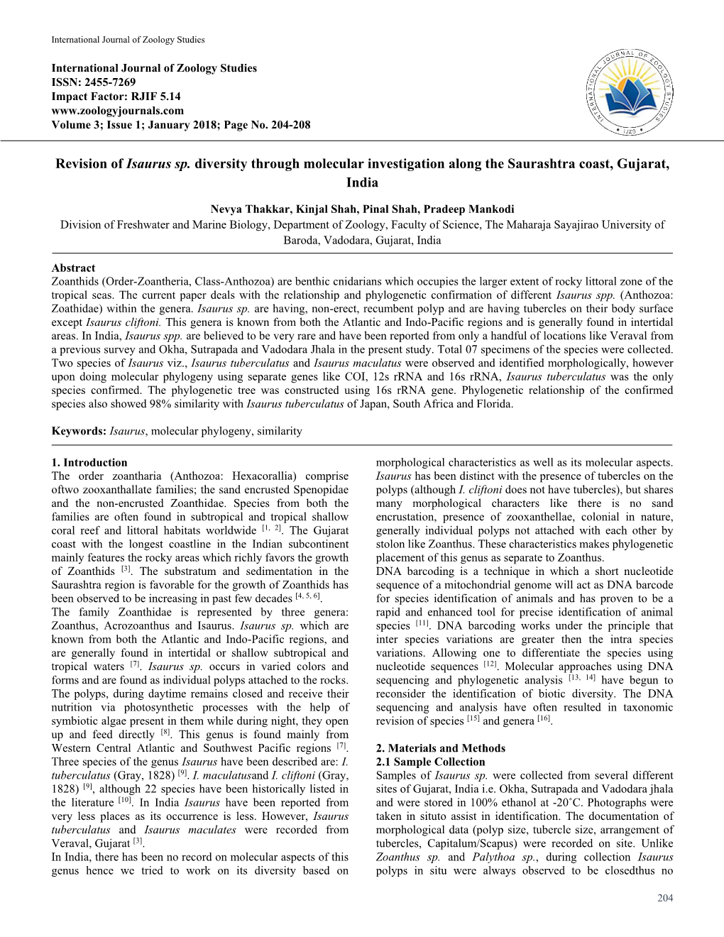 Revision of Isaurus Sp. Diversity Through Molecular Investigation Along the Saurashtra Coast, Gujarat, India