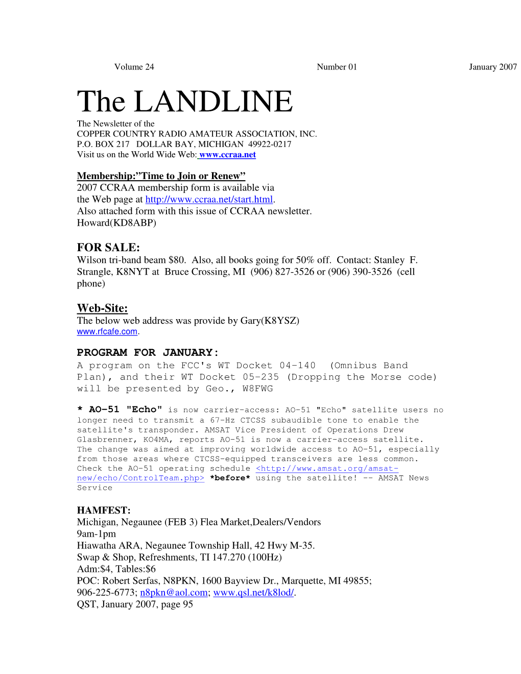 The LANDLINE the Newsletter of the COPPER COUNTRY RADIO AMATEUR ASSOCIATION, INC