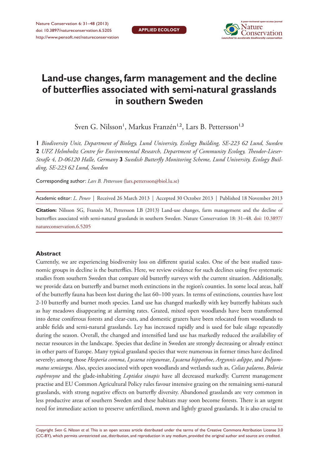 Land-Use Changes, Farm Management and the Decline of Butterflies Associated with Semi-Natural Grasslands in Southern Sweden