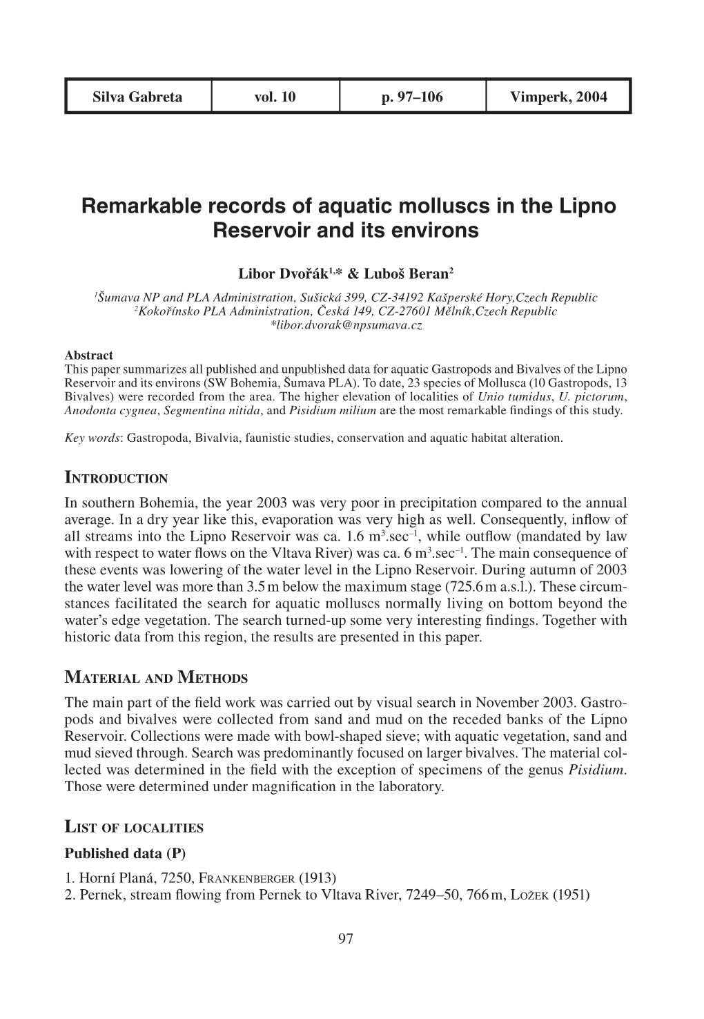 Remarkable Records of Aquatic Molluscs in the Lipno Reservoir and Its Environs