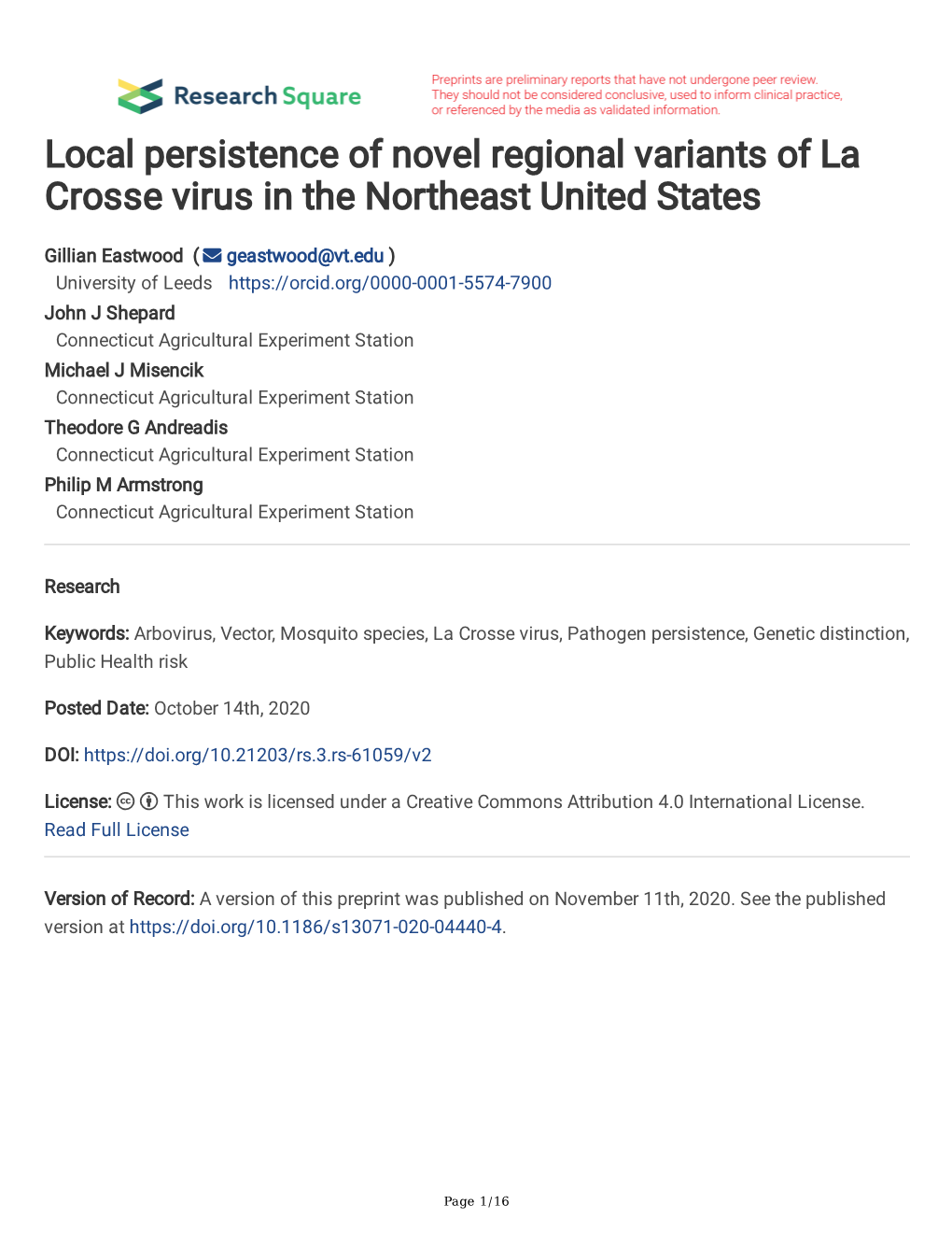 Local Persistence of Novel Regional Variants of La Crosse Virus in the Northeast United States