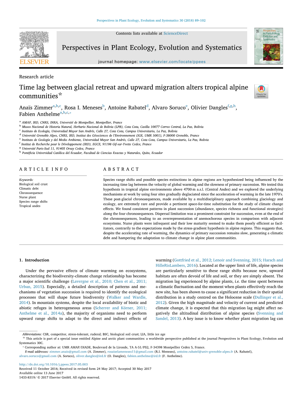 Time Lag Between Glacial Retreat and Upward Migration Alters Tropical Alpine ☆ T Communities