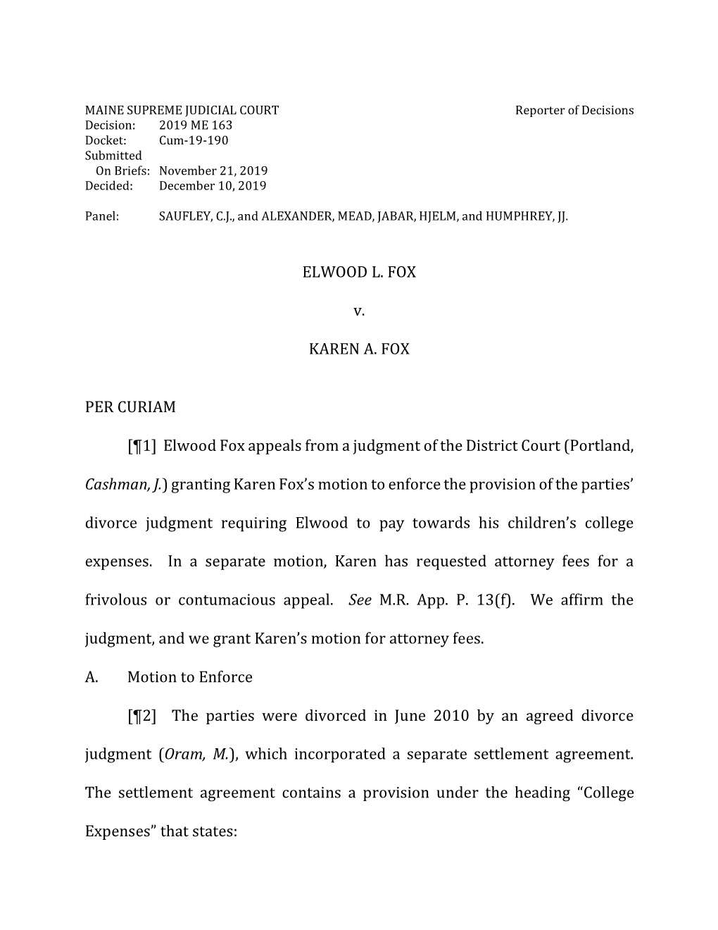 Elwood Fox Appeals from a Judgment of the District Court (Portland