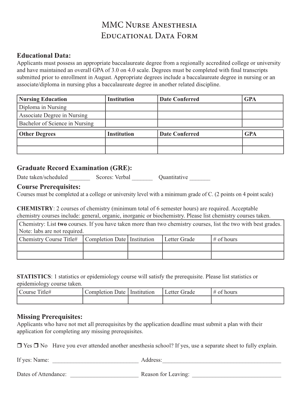 MMC Nurse Anesthesia Educational Data Form