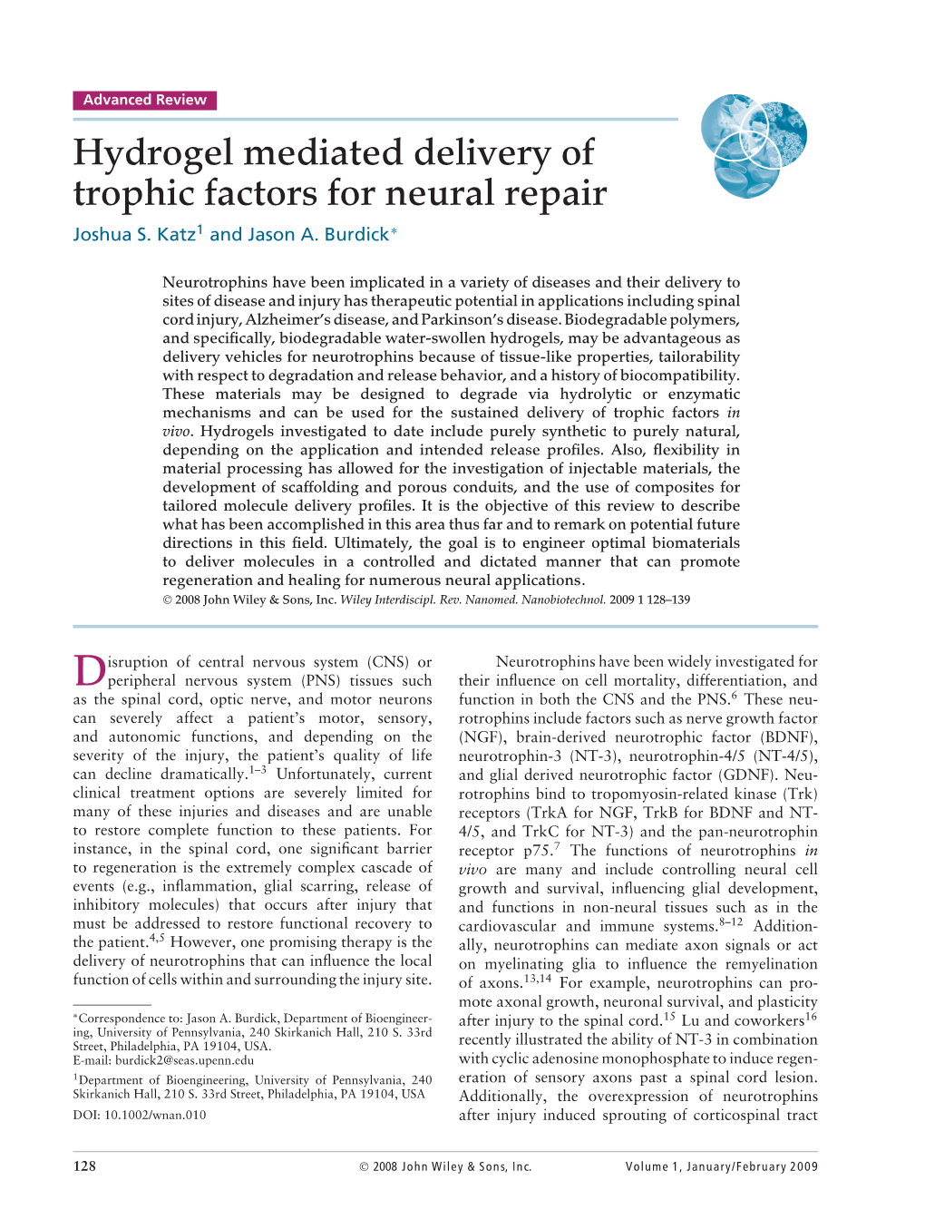 Hydrogel Mediated Delivery of Trophic Factors for Neural Repair Joshua S