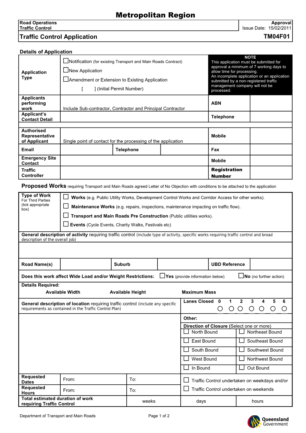 Traffic Control Application Form