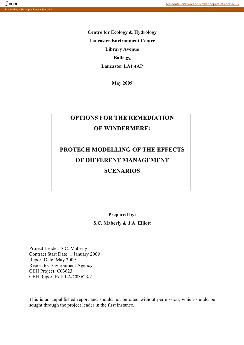 Options for the Remediation of Windermere