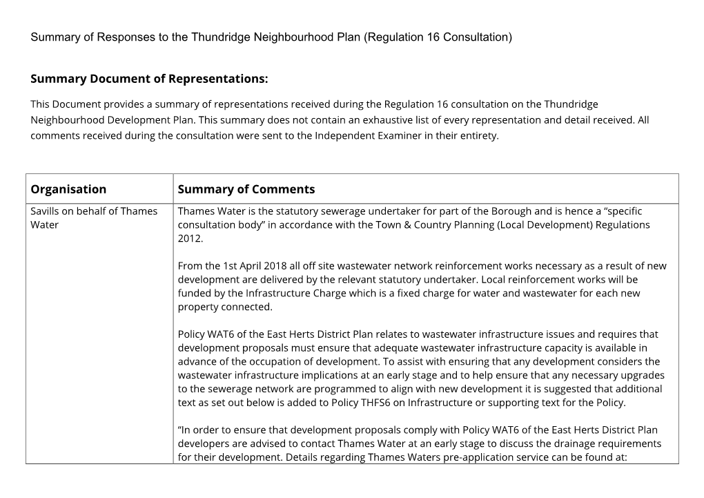 Summary of Responses to the Thundridge Neighbourhood Plan (Regulation 16 Consultation) Summary Document of Representations: Orga