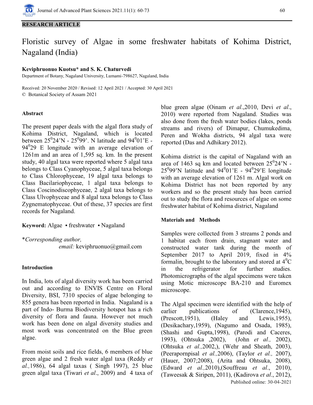 Floristic Survey of Algae in Some Freshwater Habitats of Kohima District, Nagaland (India)