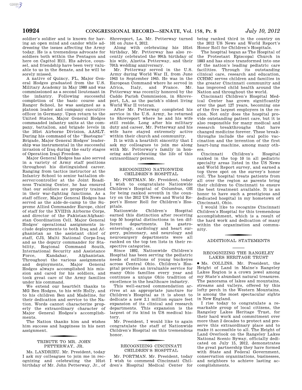 CONGRESSIONAL RECORD—SENATE, Vol. 158, Pt. 8 July 10, 2012 Soldier’S Soldier and Is Known for Hav- Shreveport, La