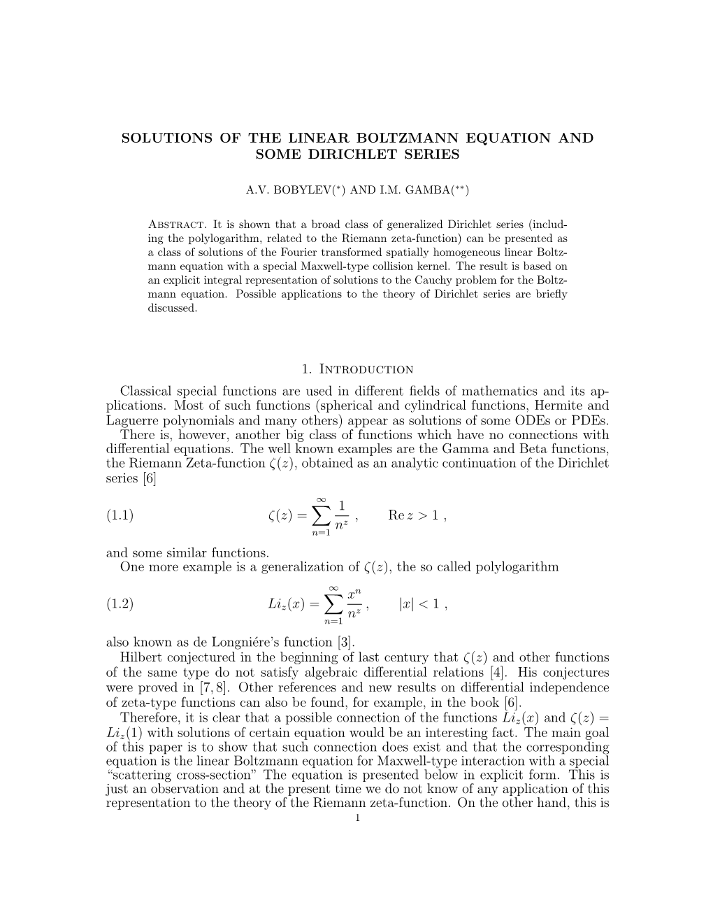 SOLUTIONS of the LINEAR BOLTZMANN EQUATION and SOME DIRICHLET SERIES 1. Introduction Classical Special Functions Are Used In