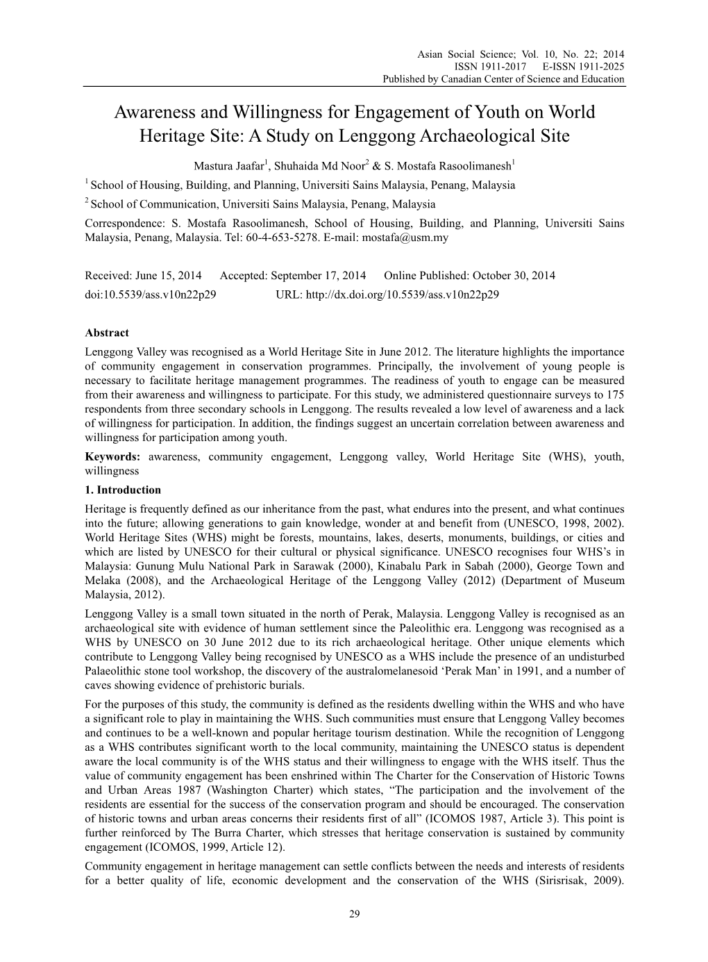 Awareness and Willingness for Engagement of Youth on World Heritage Site: a Study on Lenggong Archaeological Site
