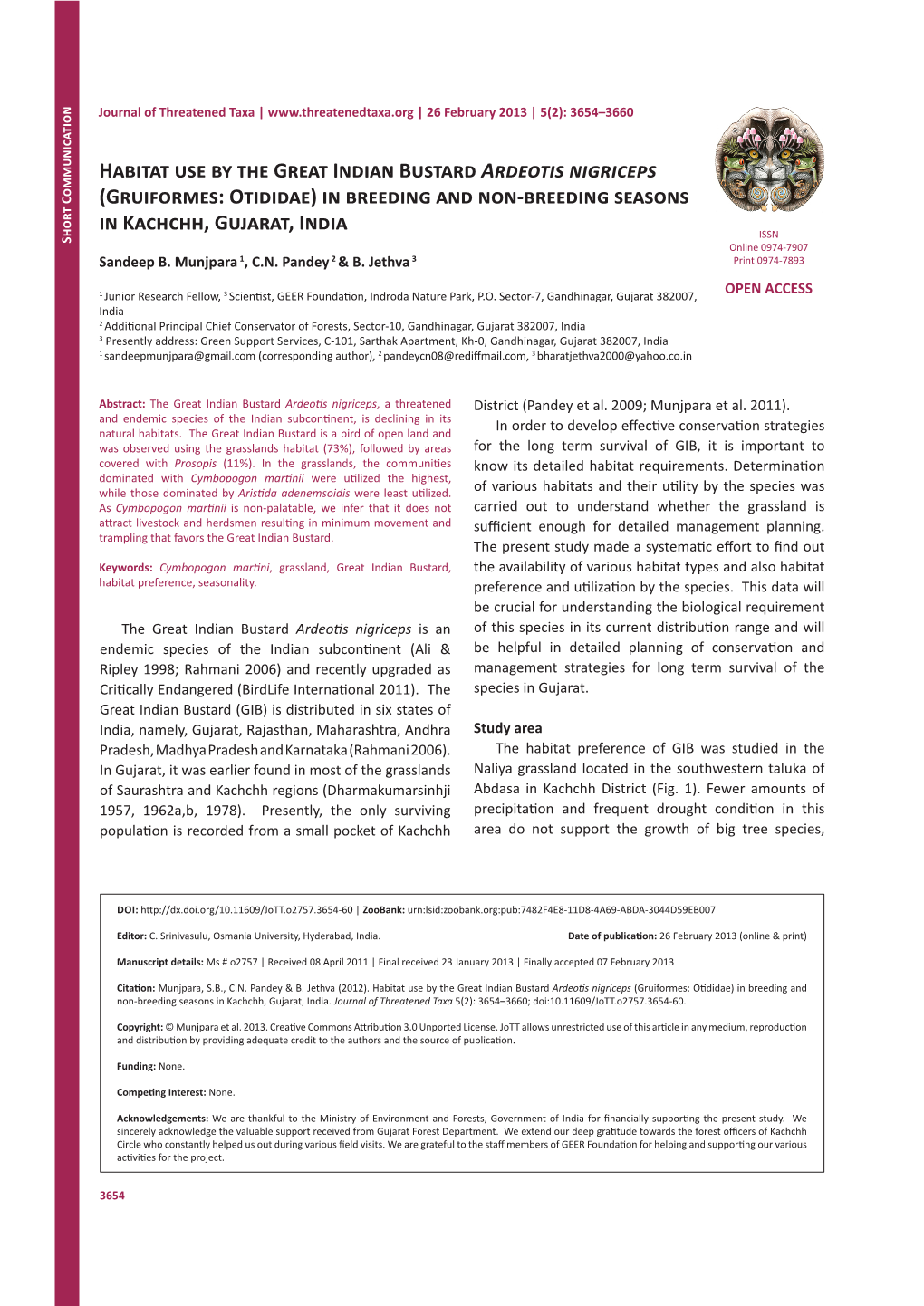 Habitat Use by the Great Indian Bustard Ardeotis Nigriceps (Gruiformes: Otididae) in Breeding and Non-Breeding Seasons