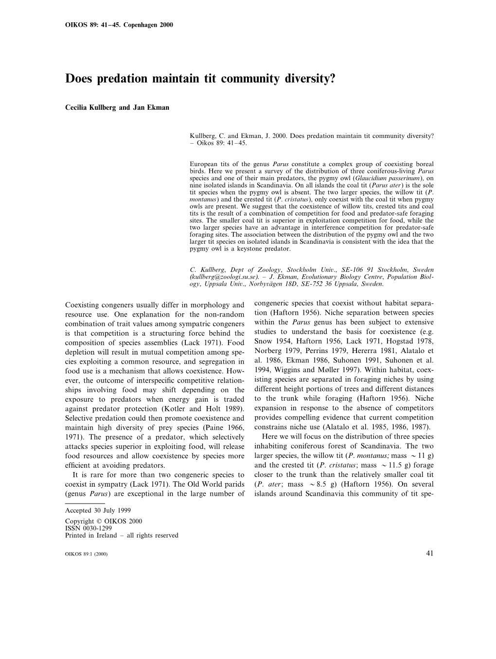 Does Predation Maintain Tit Community Diversity?