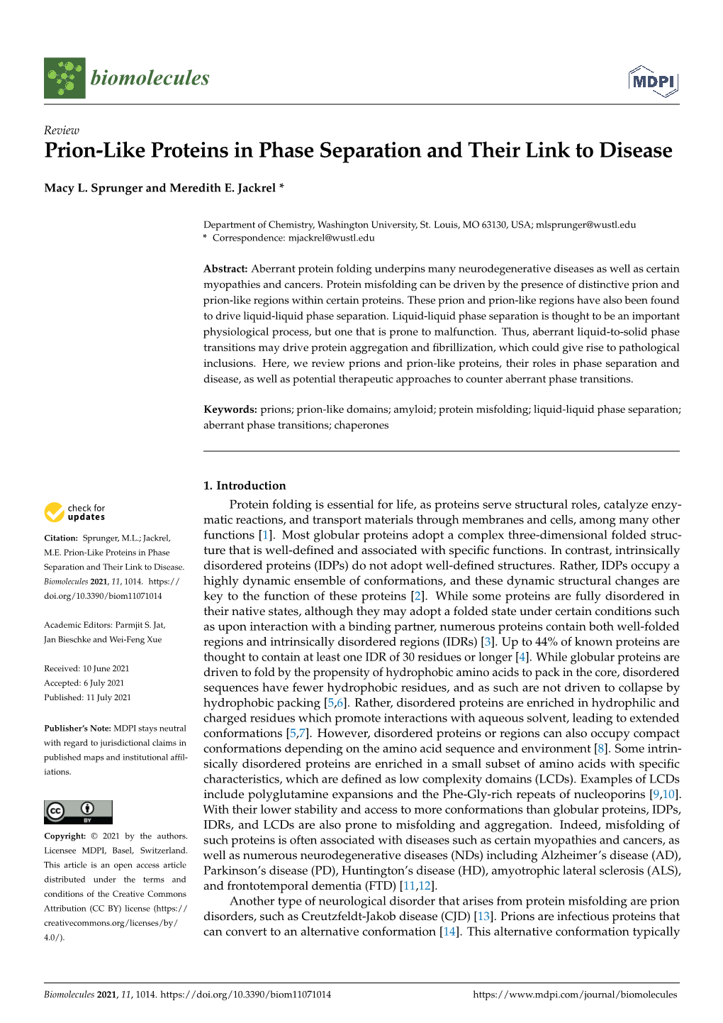 Prion-Like Proteins in Phase Separation and Their Link to Disease