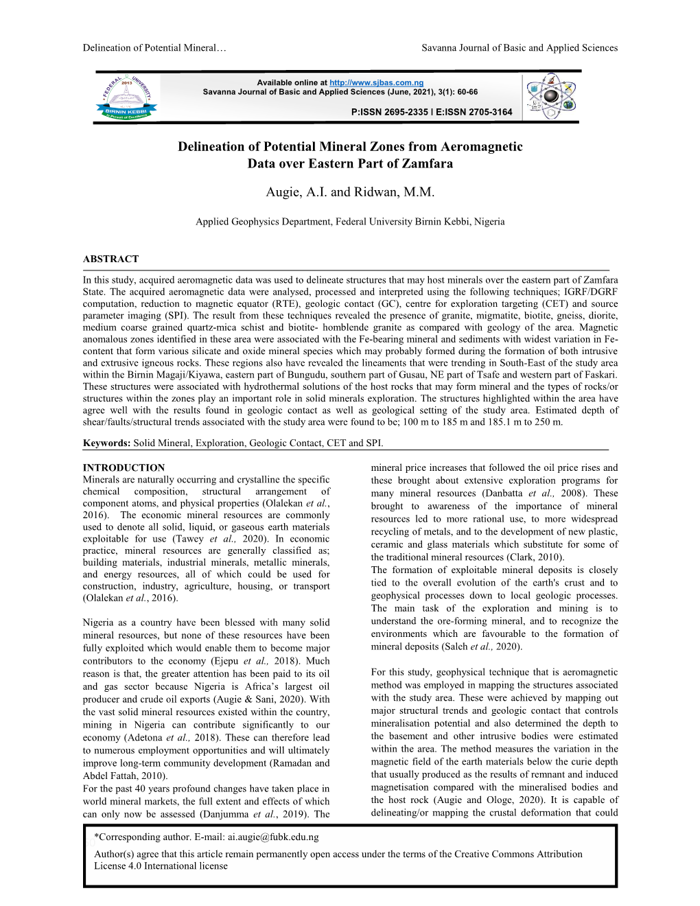 Delineation of Potential Mineral Zones from Aeromagnetic Data Over Eastern Part of Zamfara