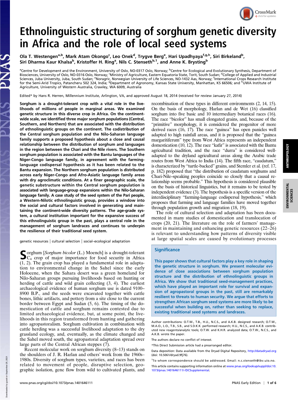 Ethnolinguistic Structuring of Sorghum Genetic Diversity in Africa and the Role of Local Seed Systems