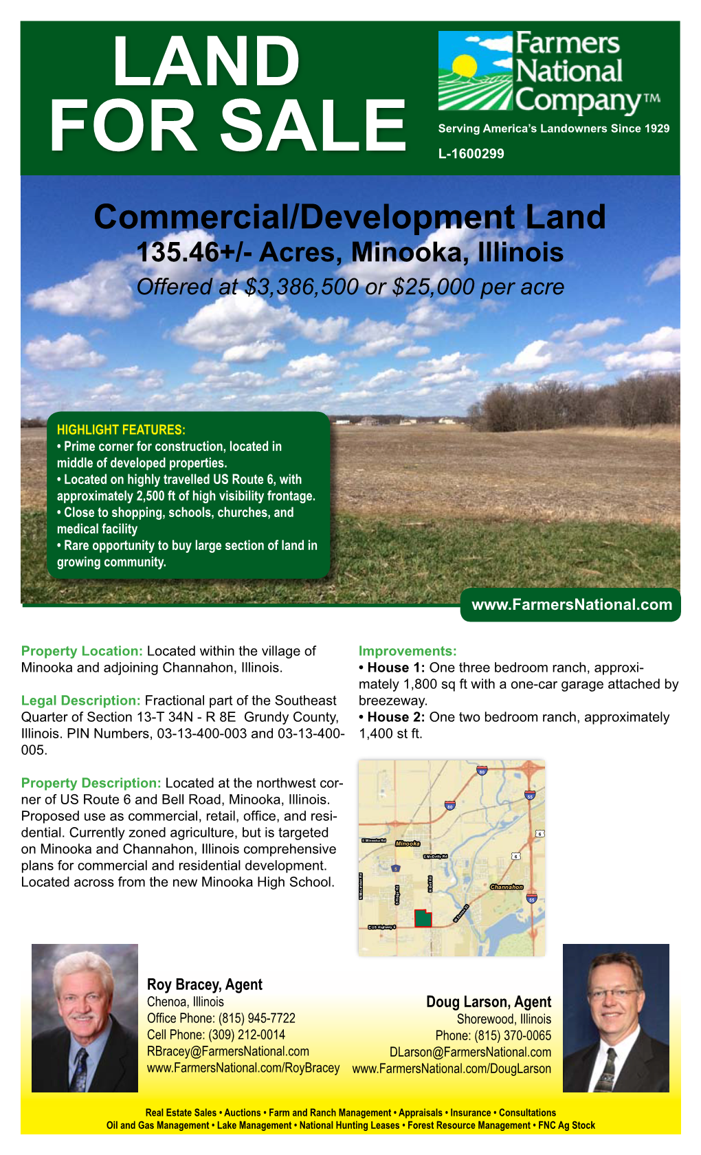 Commercial/Development Land 135.46+/- Acres, Minooka, Illinois Offered at $3,386,500 Or $25,000 Per Acre