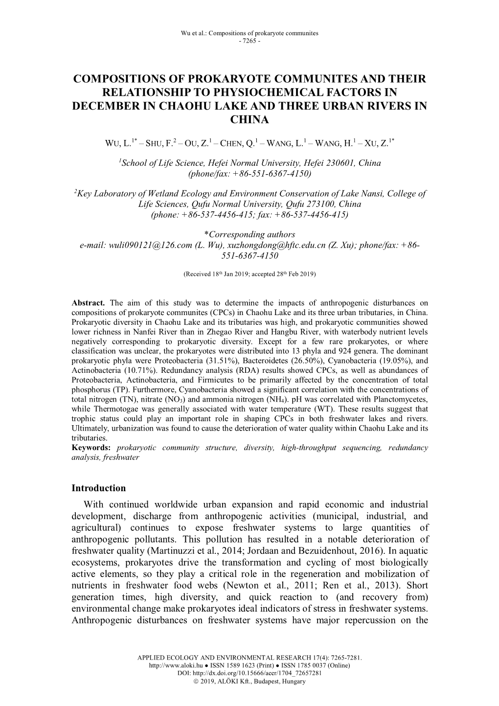 Compositions of Prokaryote Communites and Their Relationship to Physiochemical Factors in December in Chaohu Lake and Three Urban Rivers in China