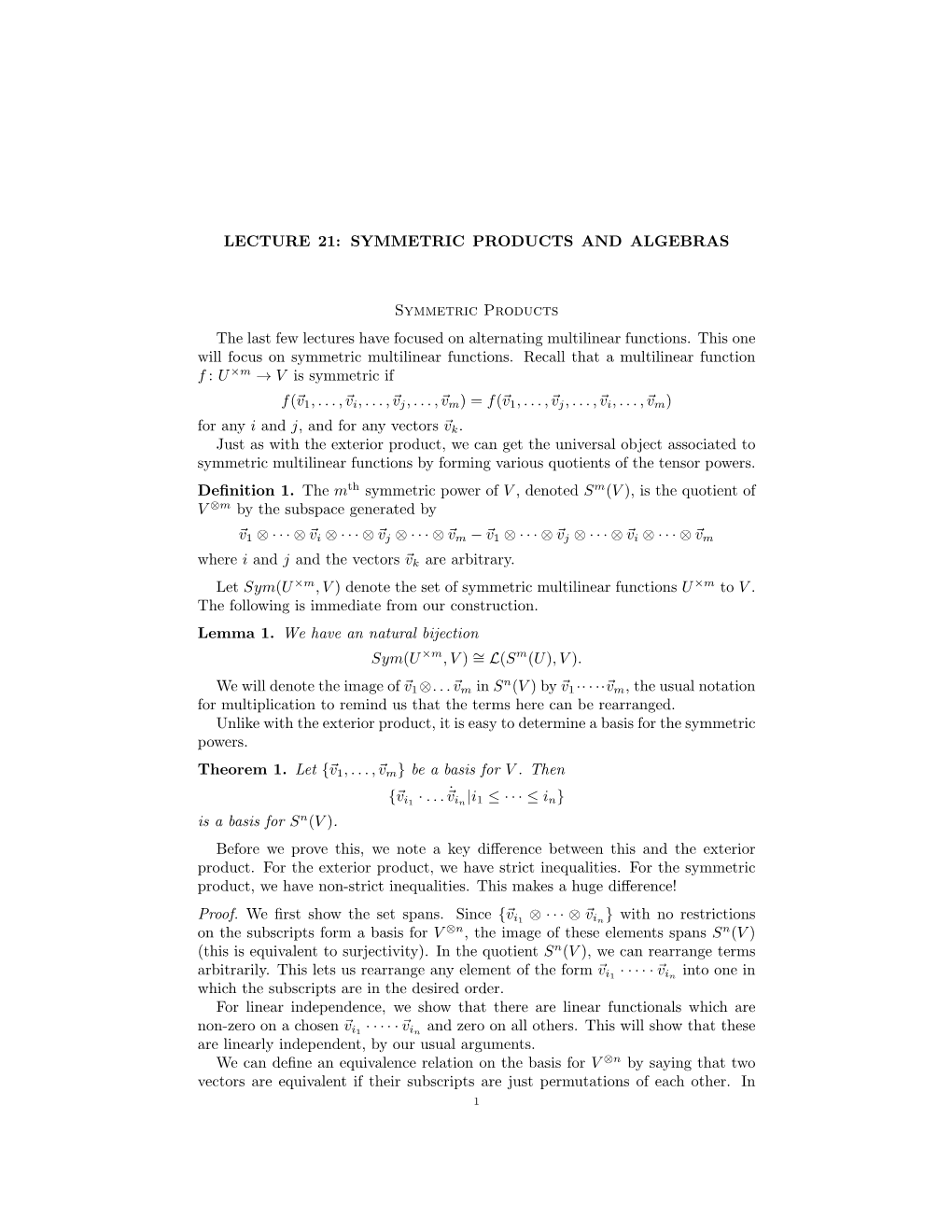 Lecture 21: Symmetric Products and Algebras