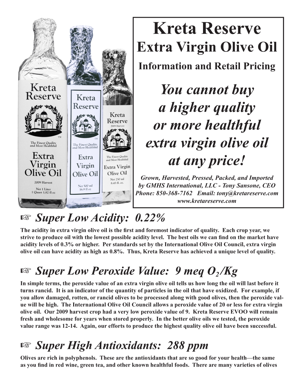 Kreta Reserve Extra Virgin Olive Oil Information and Retail Pricing