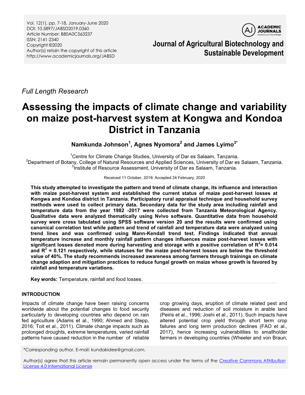 Assessing the Impacts of Climate Change and Variability on Maize Post-Harvest System at Kongwa and Kondoa District in Tanzania