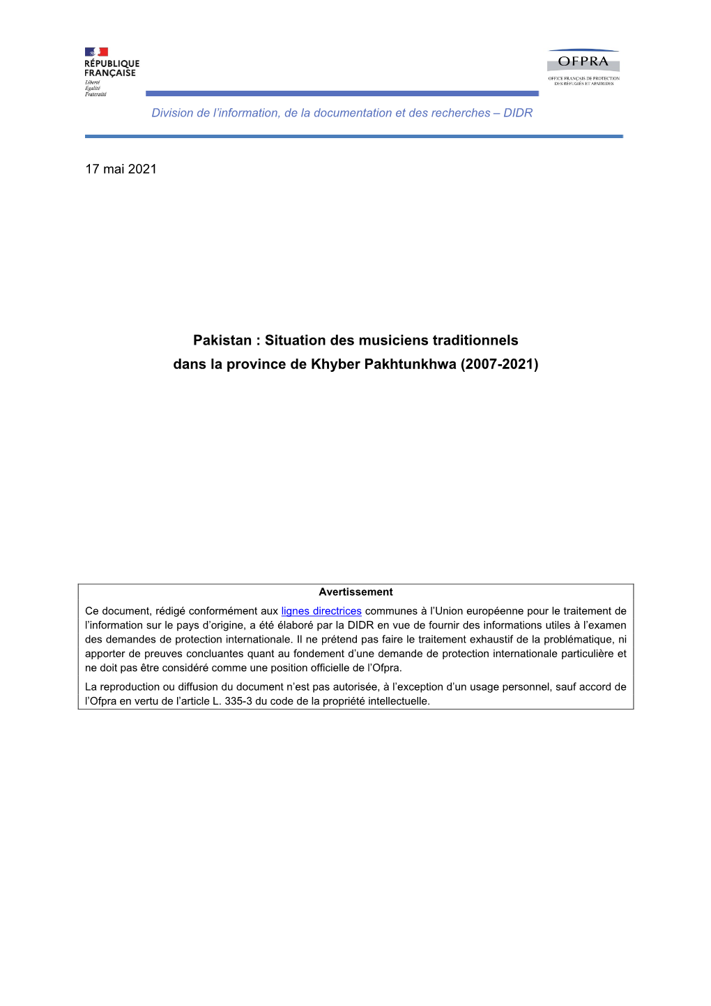 Situation Des Musiciens Traditionnels Dans La Province De Khyber Pakhtunkhwa (2007-2021)