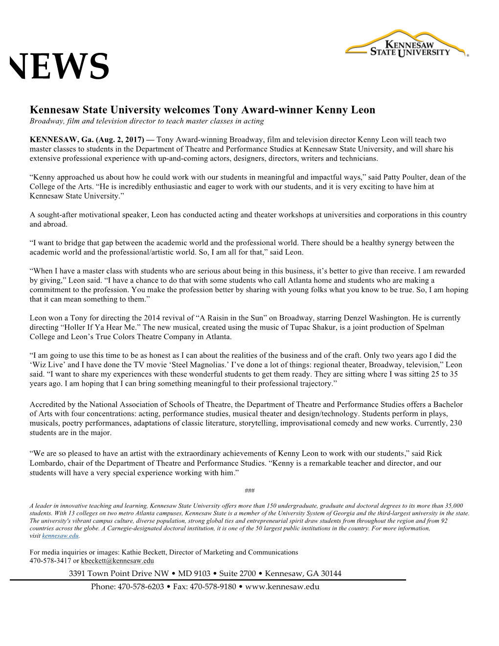 Kennesaw State University Welcomes Tony Award-Winner Kenny Leon Broadway, Film and Television Director to Teach Master Classes in Acting