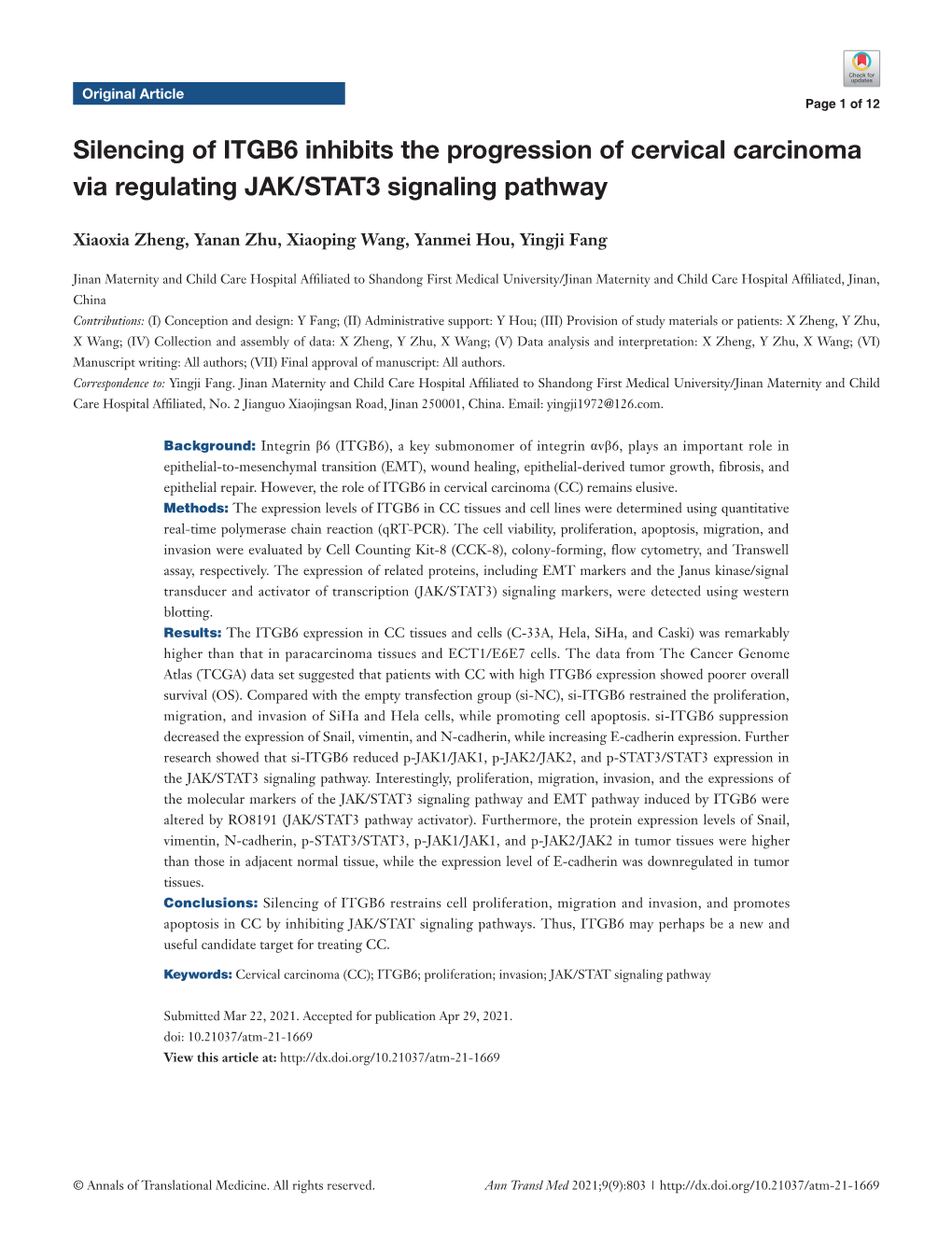 Silencing of ITGB6 Inhibits the Progression of Cervical Carcinoma Via Regulating JAK/STAT3 Signaling Pathway