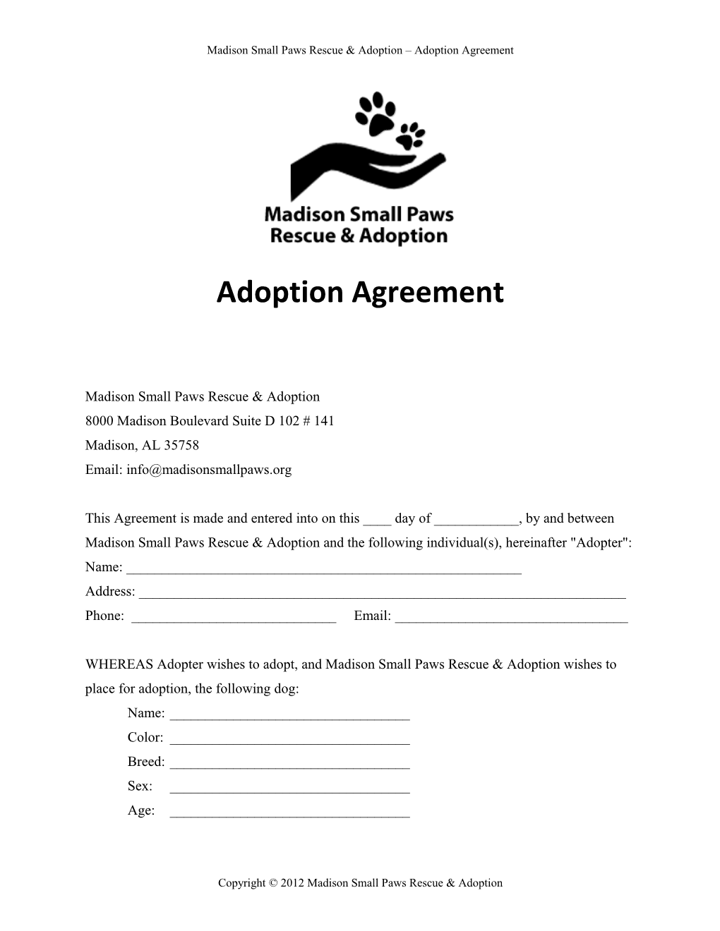 Madison Small Paws Rescue & Adoption Adoption Agreement