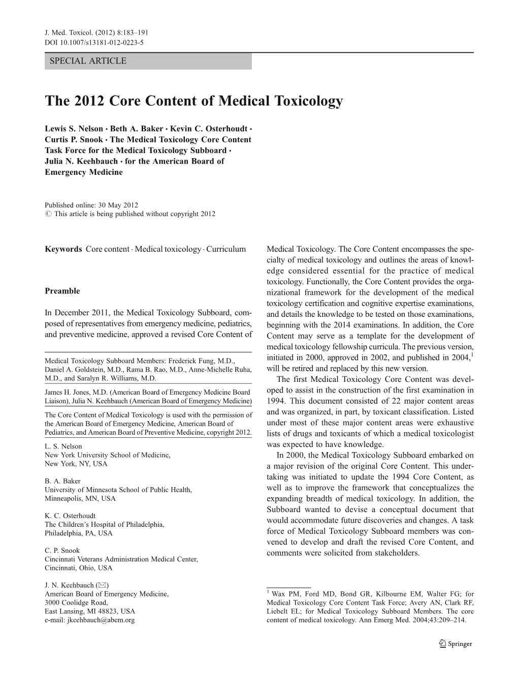 Medical Toxicology Core Content Task Force for the Medical Toxicology Subboard & Julia N