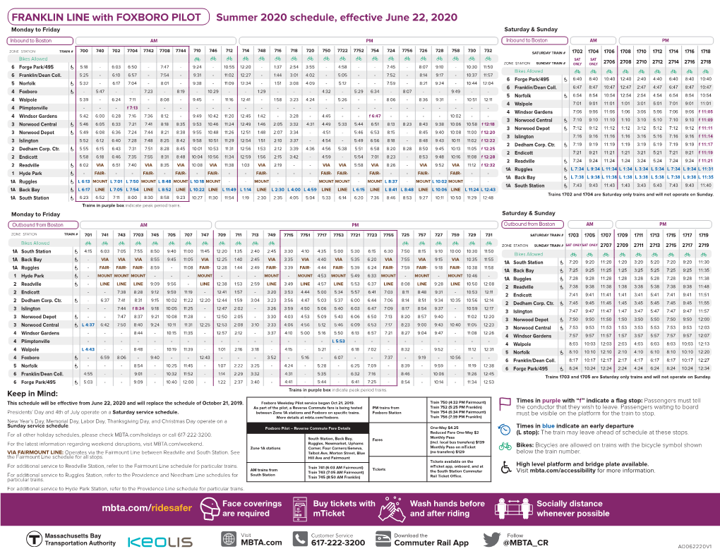 Summer 2020 Schedule, Effective June 22, 2020 FRANKLIN LINE with FOXBORO PILOT