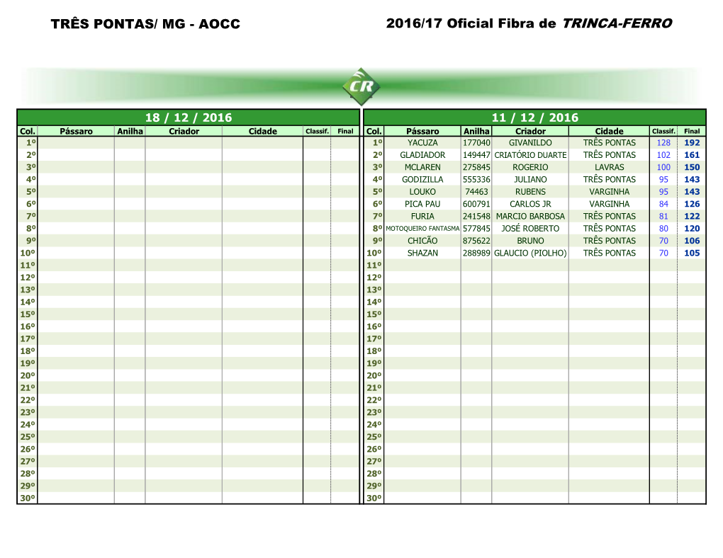 TRÊS PONTAS/ MG - AOCC 2016/17 Oficial Fibra De TRINCA-FERRO