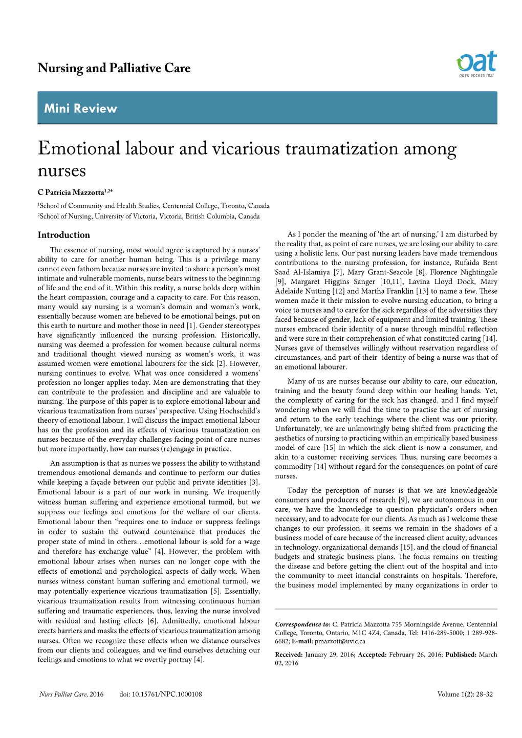 Emotional Labour and Vicarious Traumatization Among Nurses