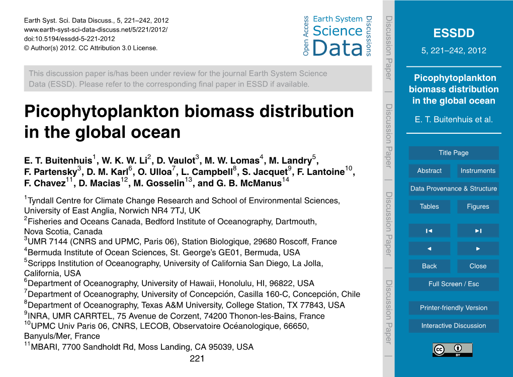 Picophytoplankton Biomass Distribution in the Global Ocean