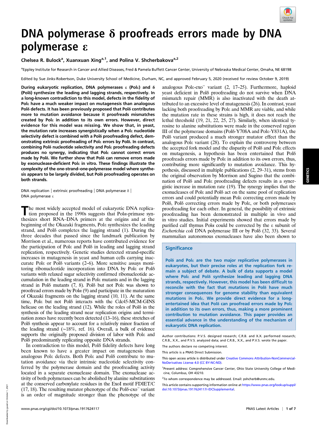 DNA Polymerase Δ Proofreads Errors Made by DNA Polymerase E