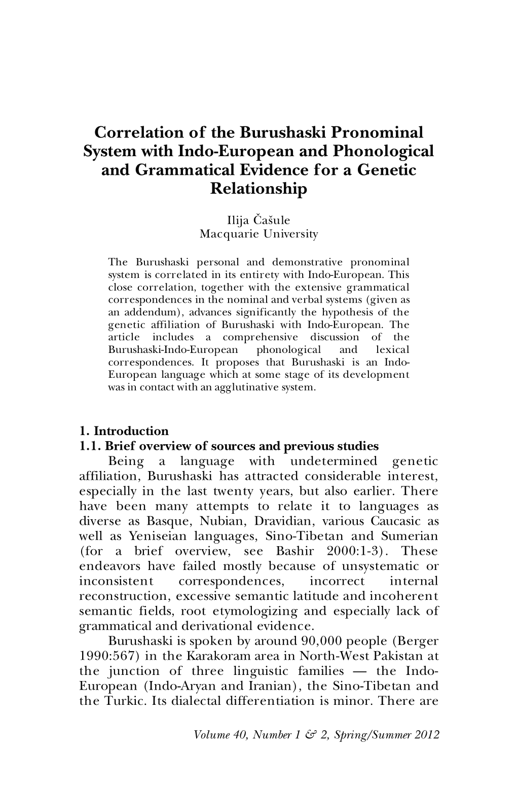 Correlation of the Burushaski Pronominal System with Indo-European and Phonological and Grammatical Evidence for a Genetic Relationship