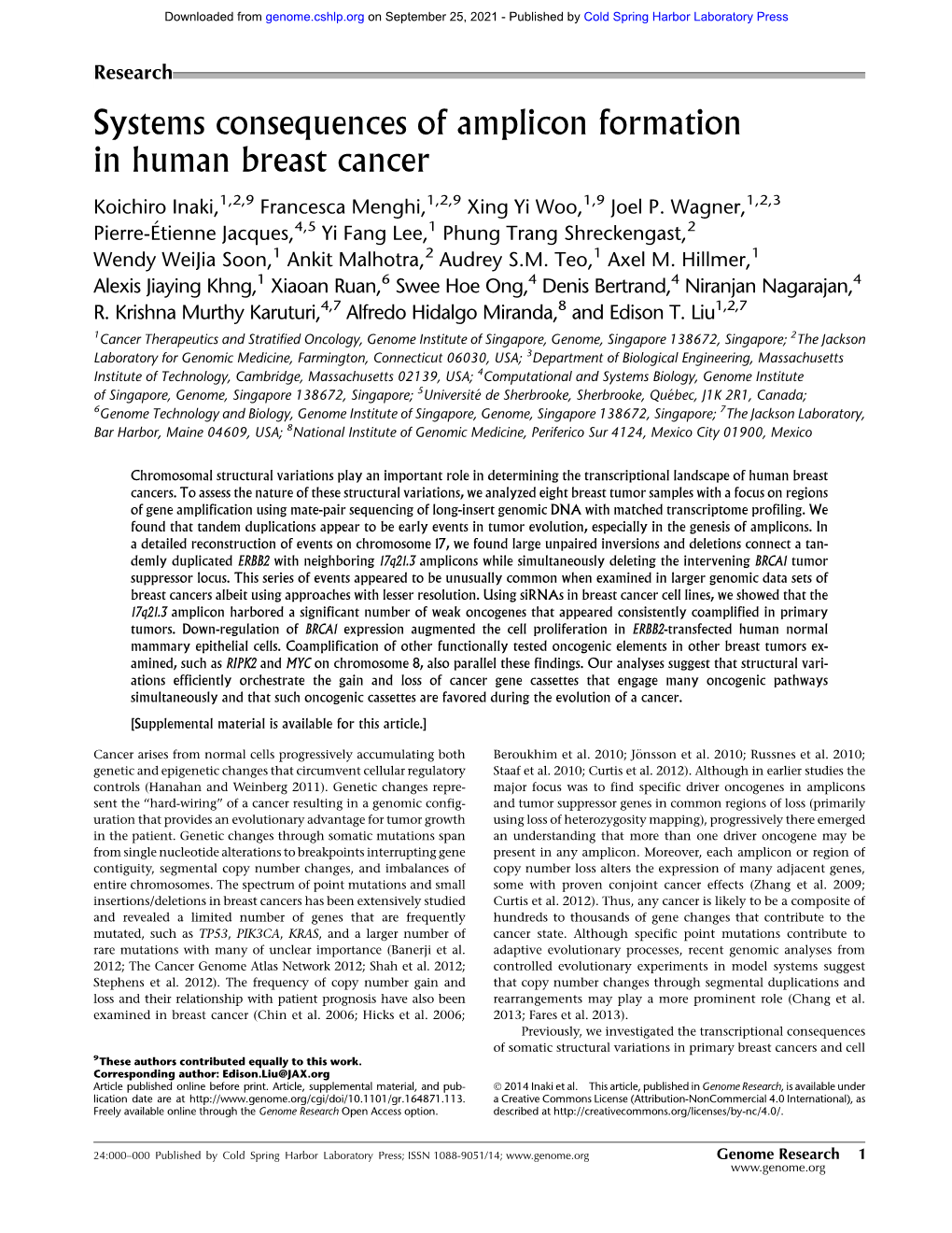 Systems Consequences of Amplicon Formation in Human Breast Cancer