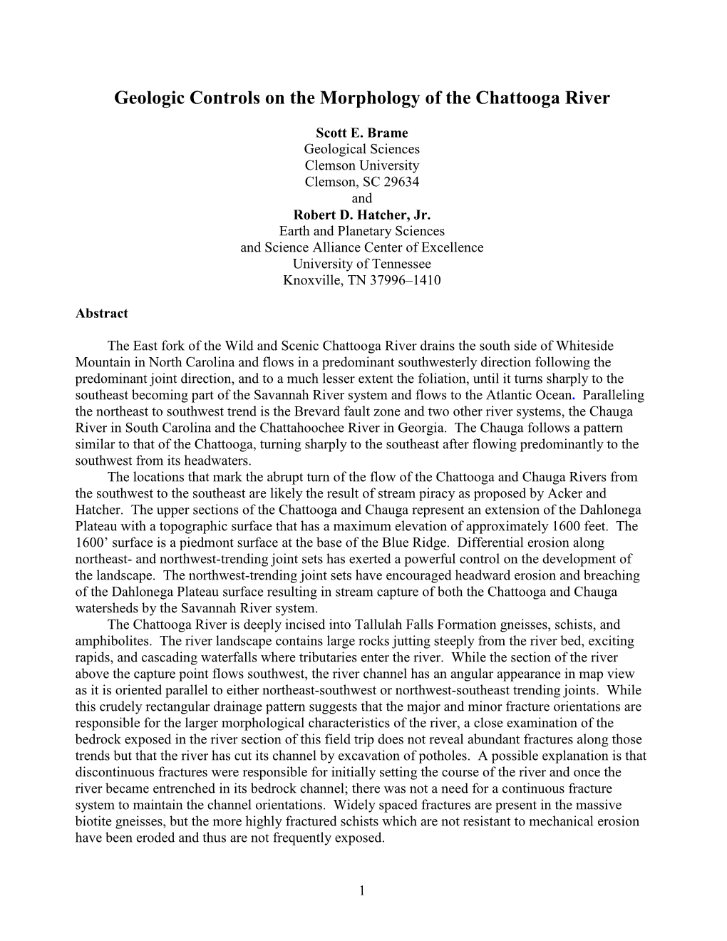 Geologic Controls on the Morphology of the Chattooga River