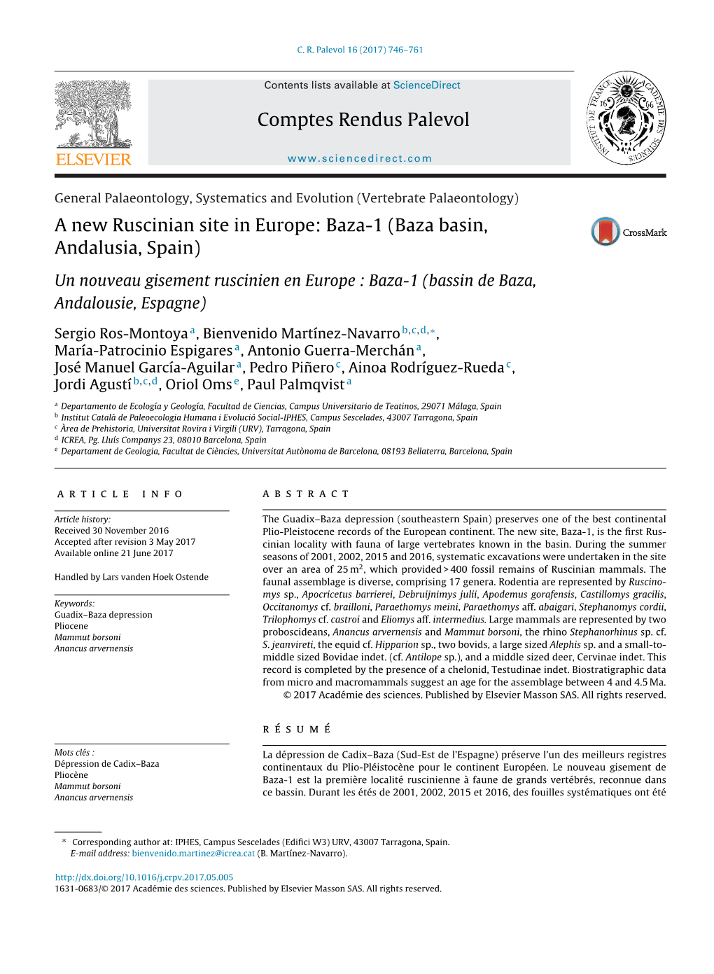 A New Ruscinian Site in Europe: Baza-1 (Baza Basin, Andalusia, Spain)