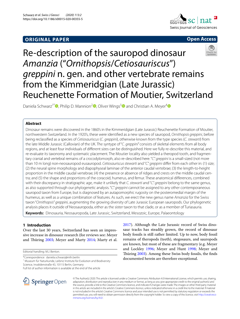 Re-Description of the Sauropod Dinosaur Amanzia (“Ornithopsis