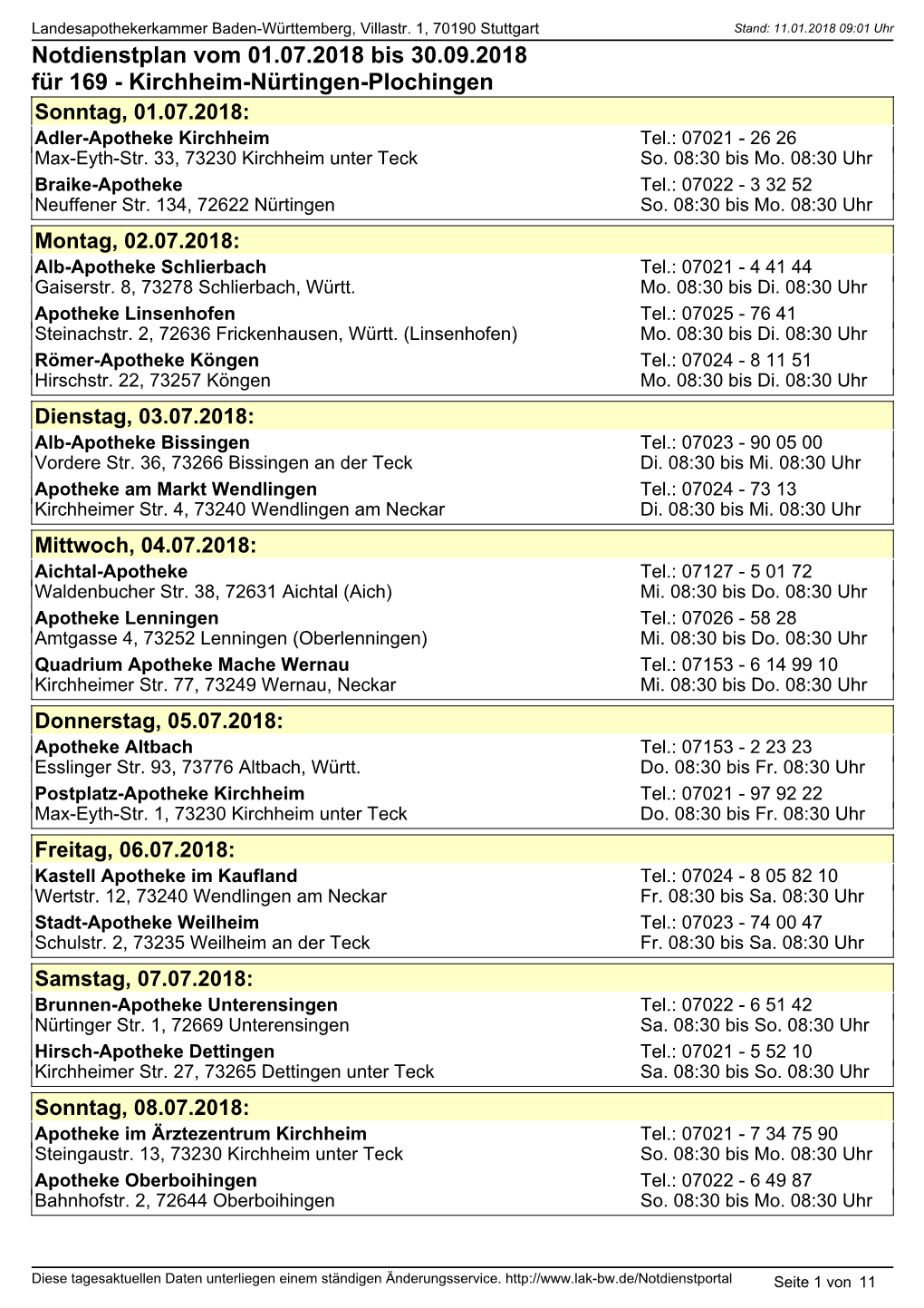 Notdienstplan Vom 01.07.2018 Bis 30.09.2018 Für 169 - Kirchheim-Nürtingen-Plochingen Sonntag, 01.07.2018: Adler-Apotheke Kirchheim Tel.: 07021 - 26 26 Max-Eyth-Str